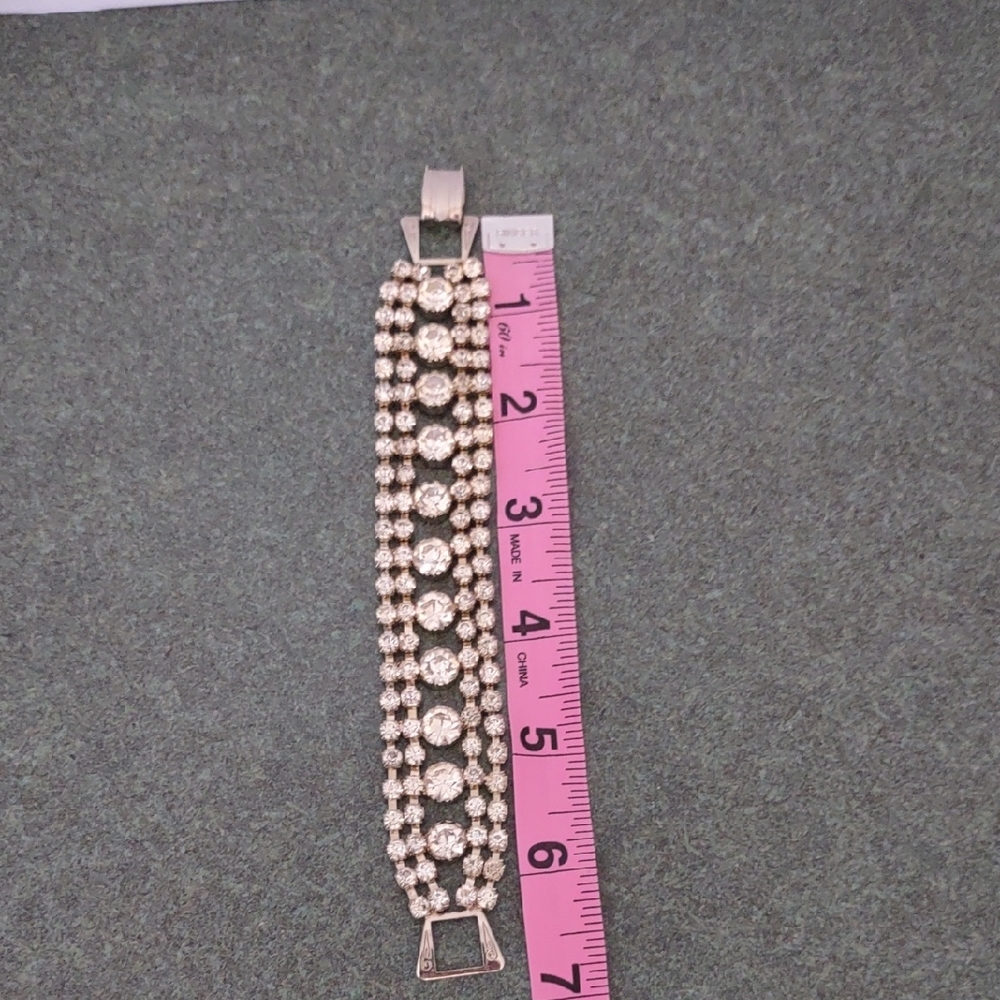Vintage Silver Tone Clear Rhinestone Wide Bracelet - Picture 7 of 7